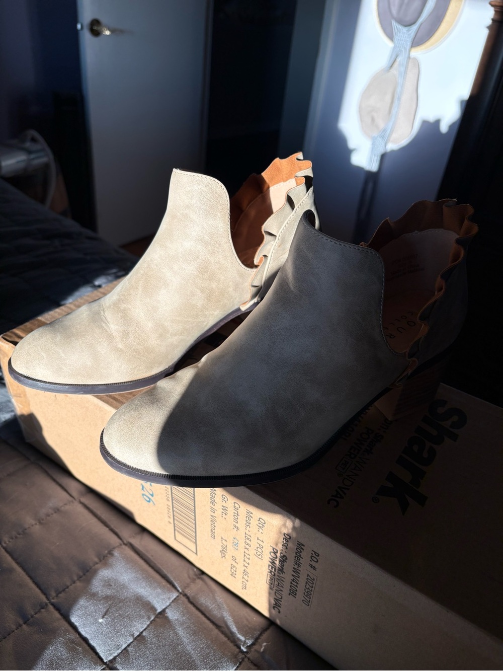 Women's Taupe Suede Scallop-Back Ankle Booties